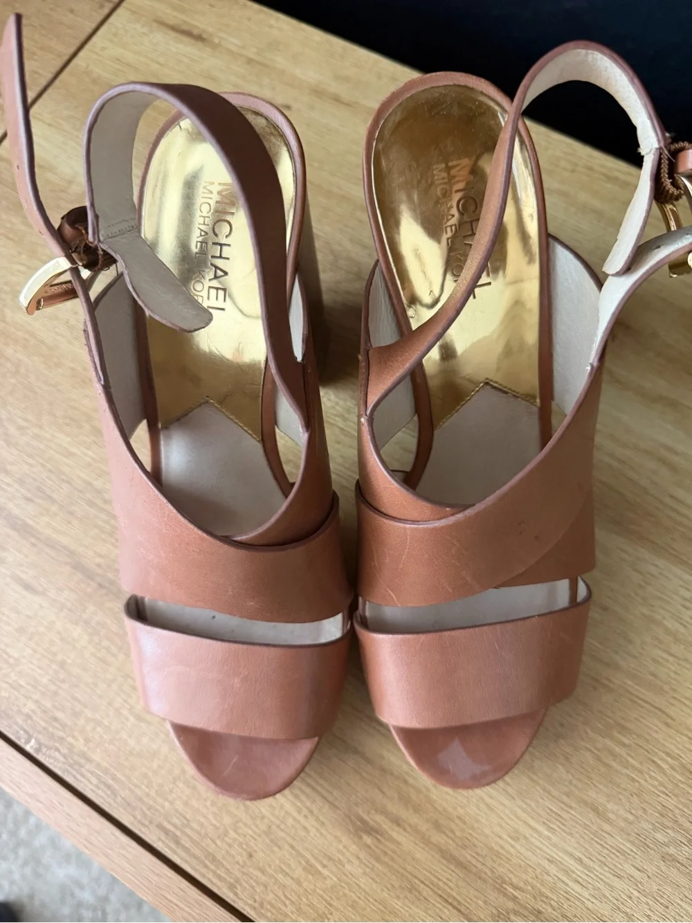 Michael Kors Tan Leather Platform Slingback Heels with Gold Buckle